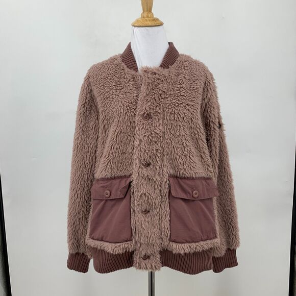 Burton Sherpa Jacket Women L Large Mauve Button Up Utility Pockets High Pile - Picture 2 of 13